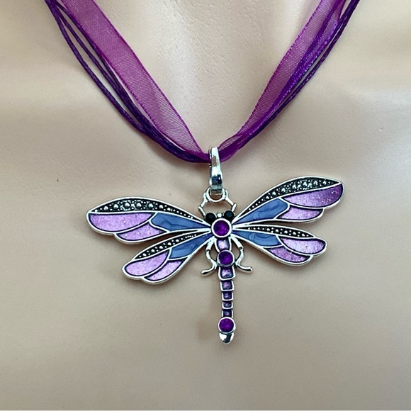 New! Pretty Purple Silver Dragonfly Dragon Fly Necklace - Picture 1 of 6
